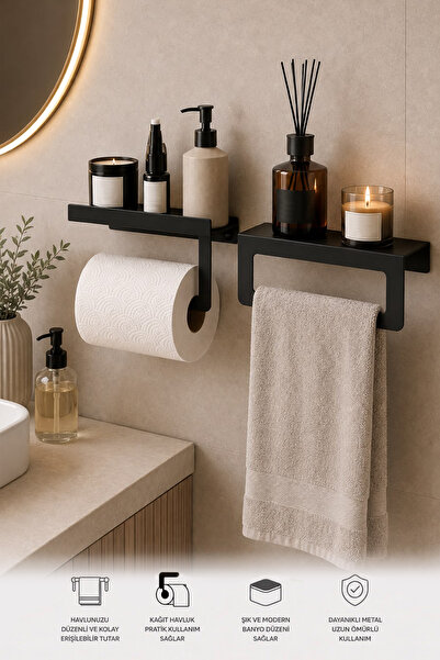 YİĞİT METAL Black Metal Wall Mounted Towel Ring & Napkin Holder – Modern & Du...
