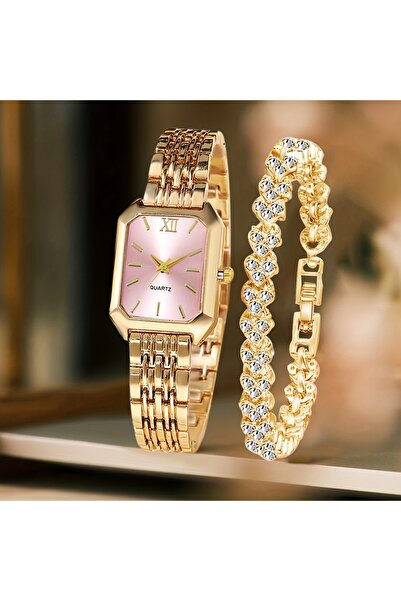 choice2 Gold Pink Kit 2PCS/Set Fashion Rectangle Women Quartz Watch Ladies Ro...