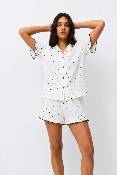 FİT WOMEN Women's Patterned Trendy White Pajama Set