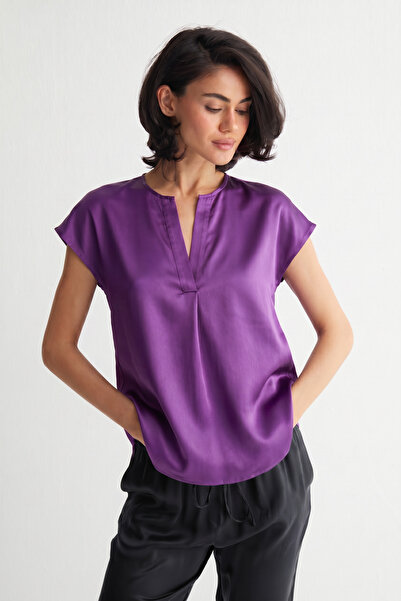 Silk and Cashmere Mor Monica Saf İpek V Yaka Kısa Kollu Bluz