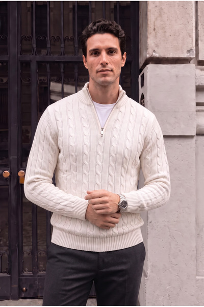 Valiberta Bardem Men's Half-Zip Cable-Knit Sweater - Ecru