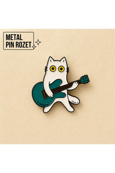 DREAMIOGIFTANDBOX Gitar Çalan Sevimli Beyaz Kedi Gitarist Metal Pin Rozet Bro...