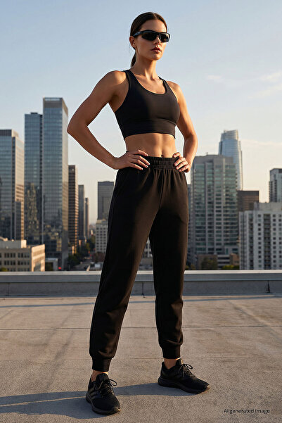 TOMMY LIFE Black High Waist Jogger Comfortable Form Cuffed Women's Tracksuit ...
