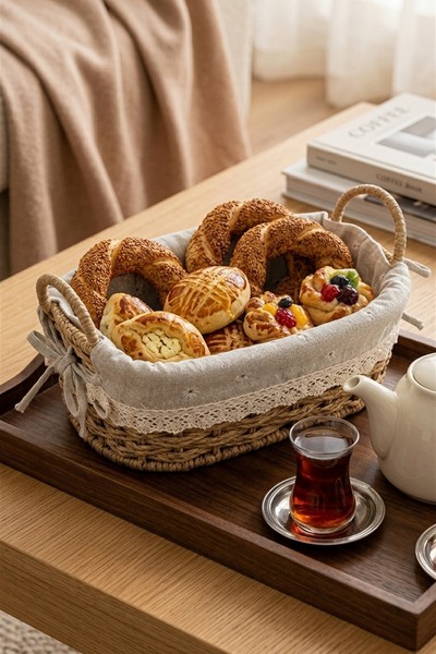 MAKRİ HOME Bambu Hasır Ekmek ve Sunum Sepeti Kumaş Astarlı Kompakt Boy, Oval ...