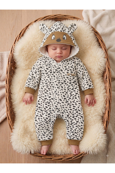 Bip Baby Baby Boy Velvet Jumpsuit with Leopard Pattern and Hood