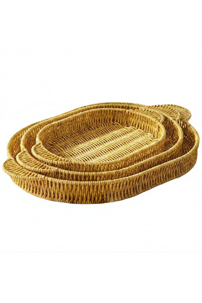 Go İthalat Plastik Rattan Hasır Görünümlü 3'lü Oval Çok Amaçlı Organizer Sepe...