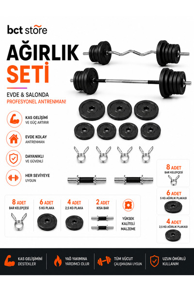 BCT STORE 40 kg Halter-Dambıl Seti Z Barlı Düz Barlı Ağırlık Seti Vücut Geliş...