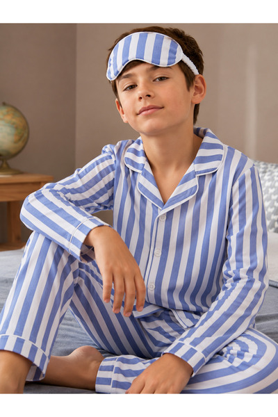 Free Beka Children's Buttoned Front Pajama Set Blue Striped Pajamas