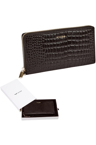 WINGS BRAND Portofel de damă din piele cu curea de mână WINGS CROCO BLACK