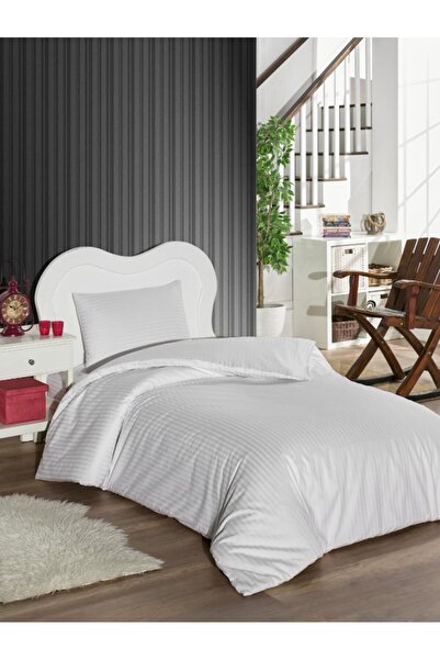 Nevresim Dünyası White Single Striped Satin Duvet Cover Set - Duvet Cover World
