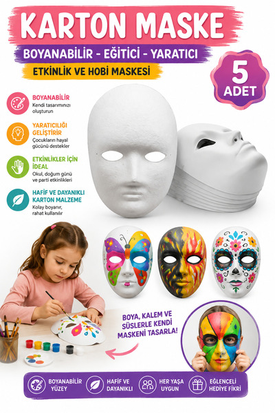 Hobialem 5 Adet, Karton Maske, Boyanabilir, Eğitici Maske Boyama, Etkinlik Ve...