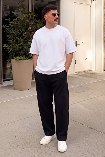 king brich Elastic Waist Jacquard Pocketed Baggy Black Trousers