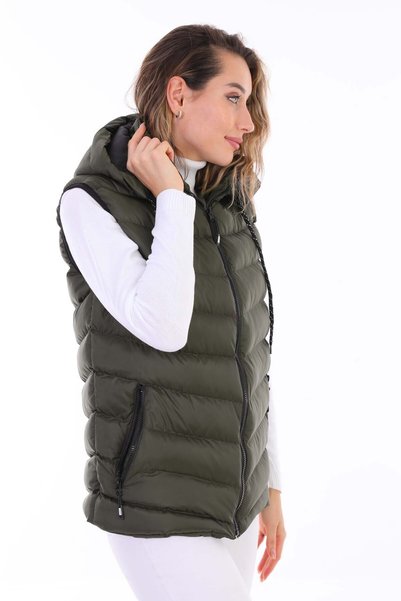 B.HE.Z Women's Y20 Gel-Filled Detachable Zipper Hooded Pocket Puffer Vest Khaki