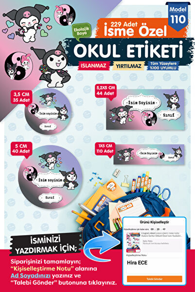 t tuğset etiket Okul Etiketi Kuromi Temalı Kalem Defter Etiketi Özel İsim Yaz...
