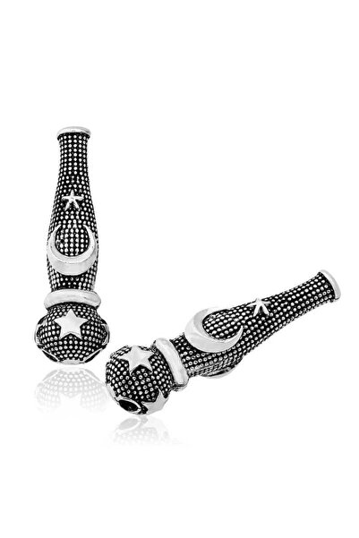 Inure Jewelry Silver Point Embroidered Crescent and Star Motif Prayer Beads İ...