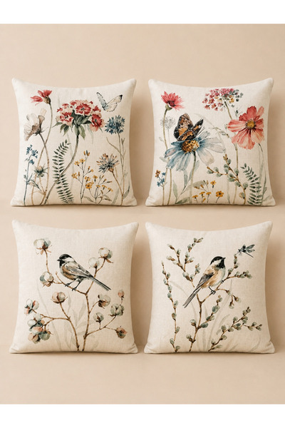 PİKKO HOME Bloom & Bird 4-Piece Digital Print Kirlent Case Set (Kr)