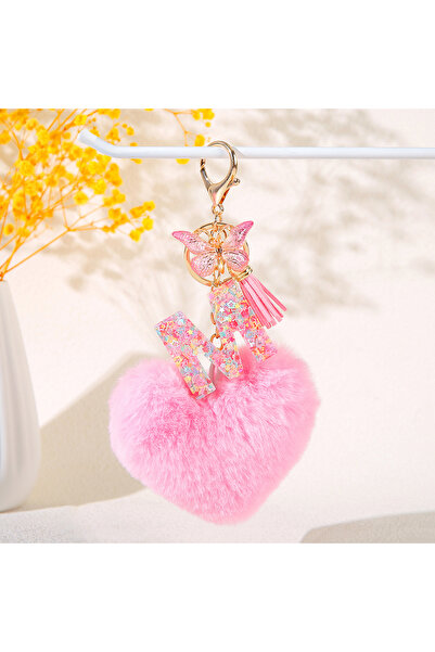 Choice M Pink Heart Hairball Initial Keychain with Butterfly Fringe 26 Letter...