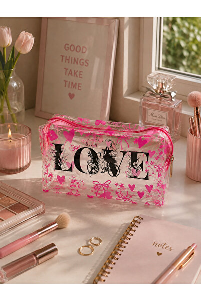 UCCELLO Transparent Love Printed Heart Pattern Makeup Bag Zippered Cosmetic B...