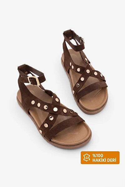 Marjin Women's Genuine Leather Ankle Strap Troc Casual Sandals Dovisa Brown S...