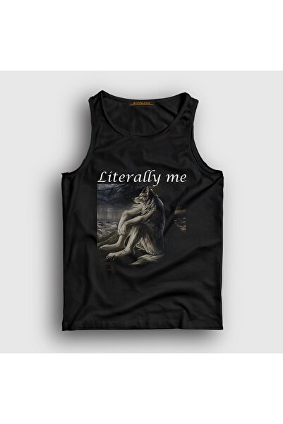 Presmono Unisex crna majica bez rukava sa motivom sedećeg vuka "Literally Me"...