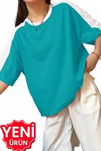 Sweetline Tricou verde petrol cu dungi albe pe umăr - Tricou supradimensionat...