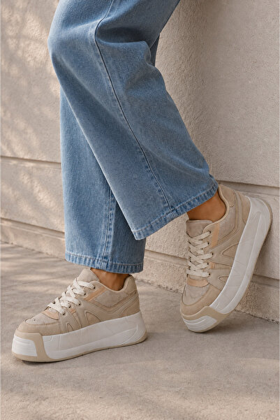 UNDERRATED Kadın Bej Yüksek Tabanlı Platform Sneaker Rahat Spor Ayakkabı