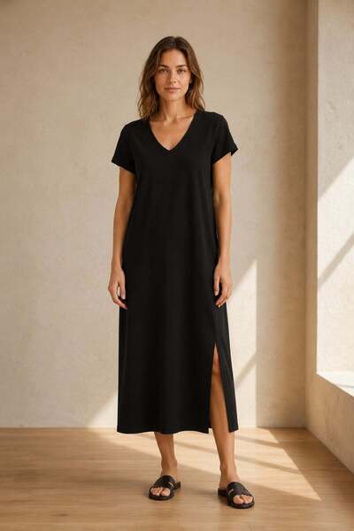 Mossta V-Neck Slit Detailed Short Sleeve Maxi Dress - Black