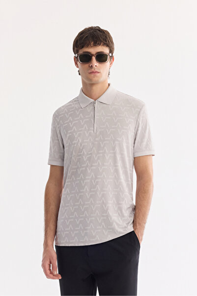 Avva Men's Gray Non-Curling Polo Collar Zippered Regular Fit T-Shirt A61Y1046
