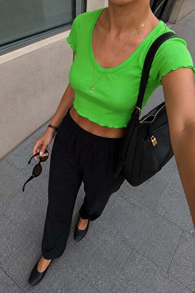 VATKALI Tricou crop din bumbac cu mânecă scurtă cu decolteu în V – verde