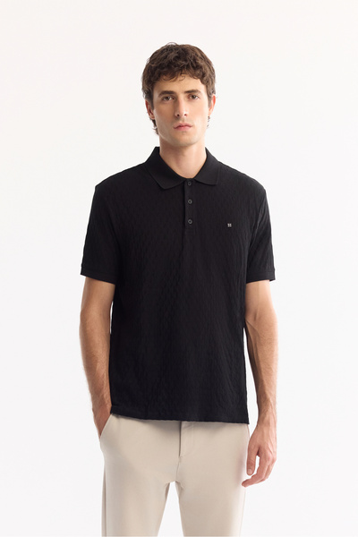 Avva Men's Black 100% Cotton Jacquard Polo Neck Regular Fit T-Shirt A41Y1196