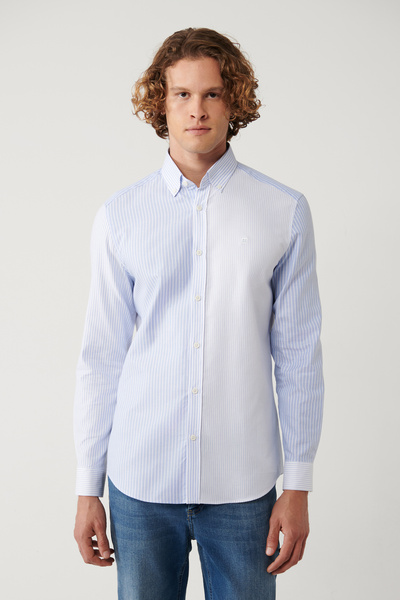 Avva Erkek Mavi %100 Pamuk Düğmeli Yaka Çizgili Nakışlı Slim Fit Gömlek A41Y2206