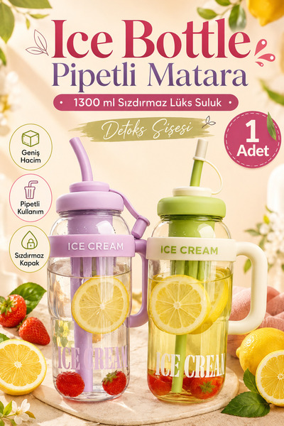 Anadolu Saray Ice Bottle Pipetli Detoks Matara 1300 Litre Sızdırmaz Büyük Boy...