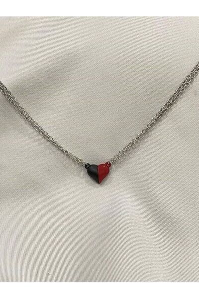 Herşey Nota Red and Black Magnetic Heart Couple Necklace – Unisex Set of 2 Me...