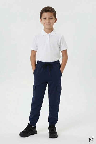 Cansın Mini Dark Navy Blue Elastic Waist Basic Cargo Pocket Boy's School Swea...