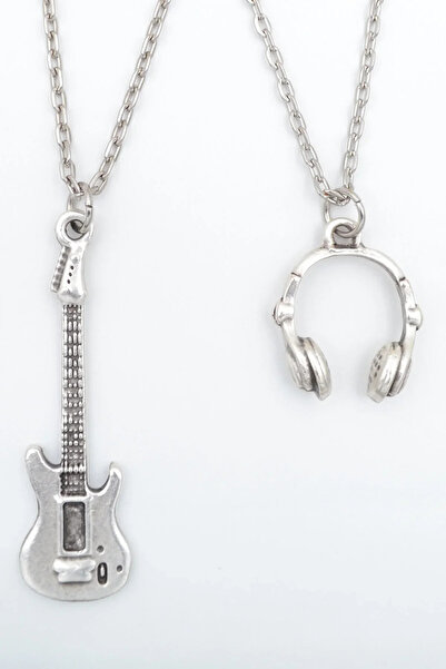 Bu Farklı 2'li Elektro Gitar - Kulaklık Gümüş Kaplama Kolye Seti