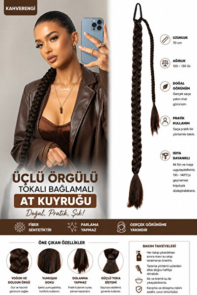 Mina Peruk Üçlü Örgülü Tokalı Bağlamalı At Kuyruğu - Kahverengi