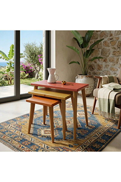 Linea Ligni Premium 3'lü Zigon Sehpa - Metal Bağlantılı Doğal Ahşap - Modern Tarz