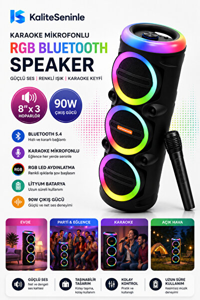KALİTESENİNLE Siyah Işıklı Büyük Boy Party Box Bluetooth Hoparlör Taşınabilir...