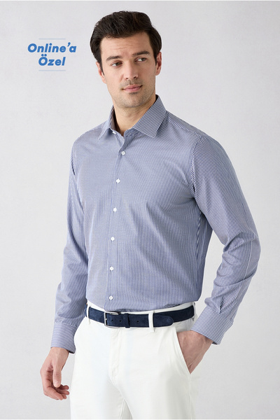 Kiğılı Uzun Kol Slim Fit Çizgili Klasik Yaka Pamuklu Kolay Ütülenebilir Gömlek