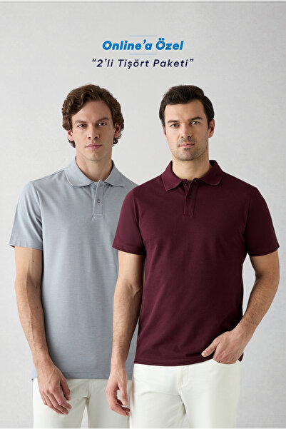 Kiğılı Buttoned Polo Collar Regular Fit Cotton Plain 2-Pack T-Shirt Set