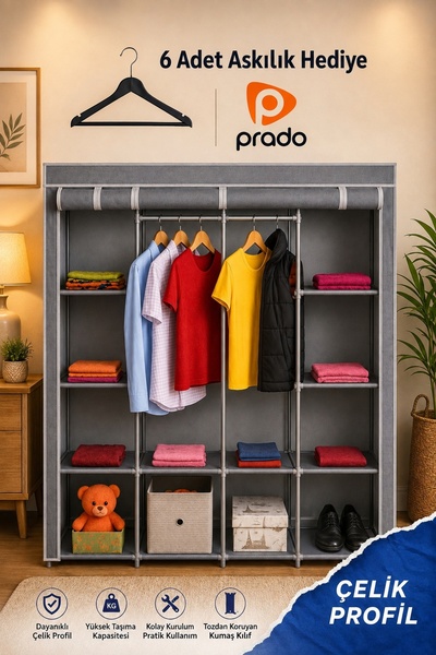 Teknor Prado Tokyo Çok Raflı Çelik Profilli Bez Dolap (6 Askılık Hediye)