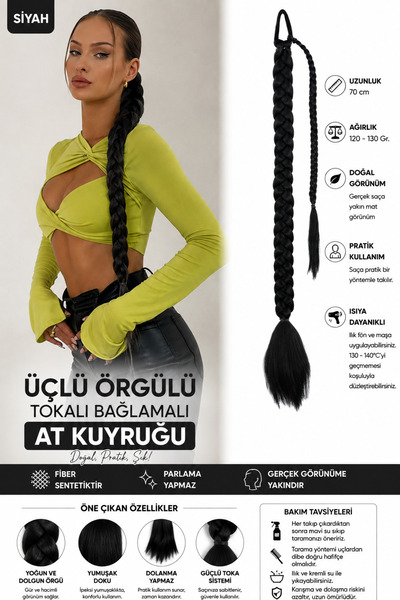 Mina Peruk Üçlü Örgülü Tokalı Bağlamalı At Kuyruğu - Siyah