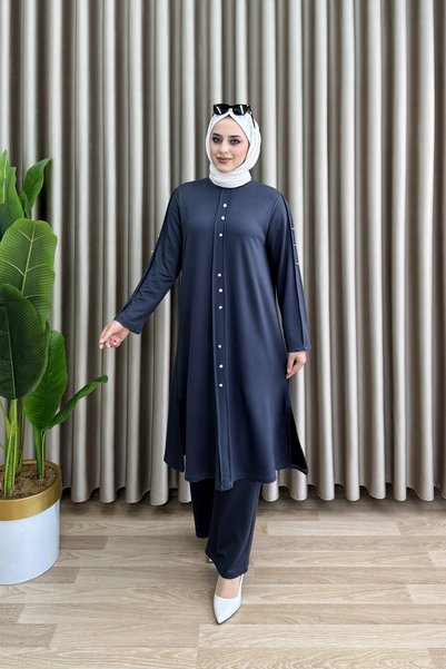 Hürrem Esi̇n Takim Crystal Fabric Women's Anthracite Two-Piece Suit with Decorative Button Detail on Front and Sleeves and Pants