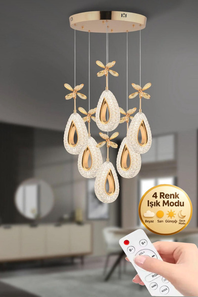 Lumia Lighting Damla Model 6'lı Gold Kumandalı 3 Renk Modu Ledli Kristal Taşl...