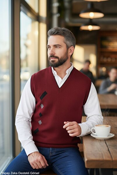Kamalı Men's Burgundy Anti-Pilling Standard Fit Regular Cut V-Neck Knitwear S...