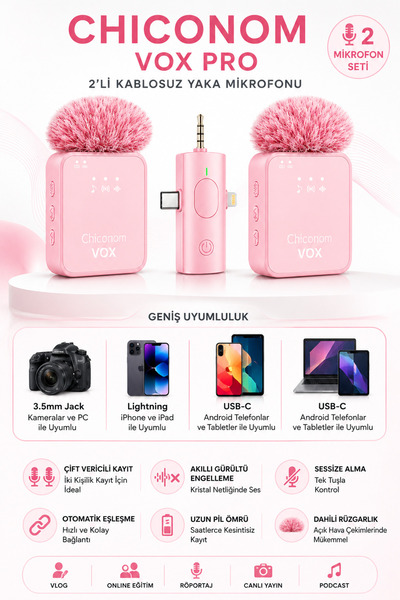 chiconom Onell Vox Pro 2’li Kablosuz Yaka Mikrofonu Type-C iPhone Android Uyumlu