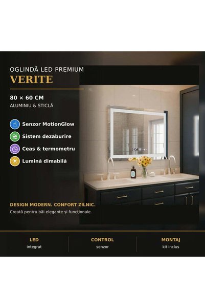 OEM Rectangular LED Mirror, 80x60cm, Verite MotionGlow Marcello, Defog System...
