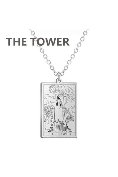 Choice37 steel color THE TOWER Stainless Steel Classic Tarot Pendant Necklace...