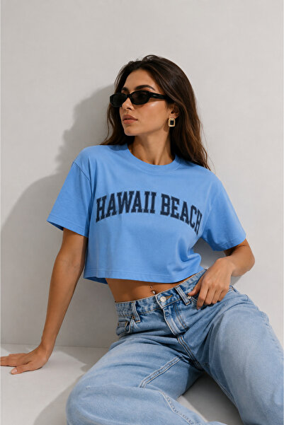 DI LORIA Kadın Mavi Rahat Kalıp Hawaii Baskılı Crop T-Shirt (%95 Pamuk)