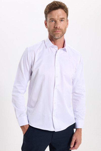 Tudors Slim Fit Langarmhemd aus Baumwolle, einfarbig, weiß